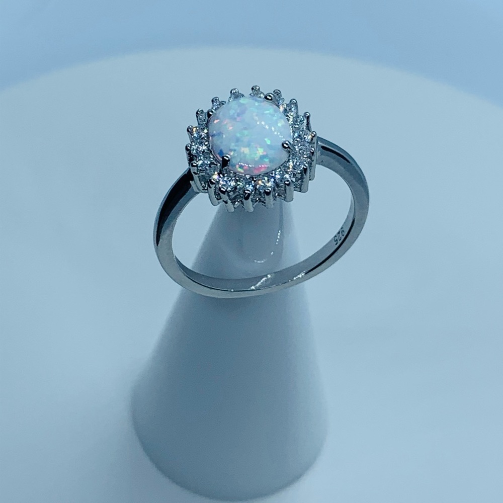 Sterling Silver Oval White Lab Opal CZ Ring